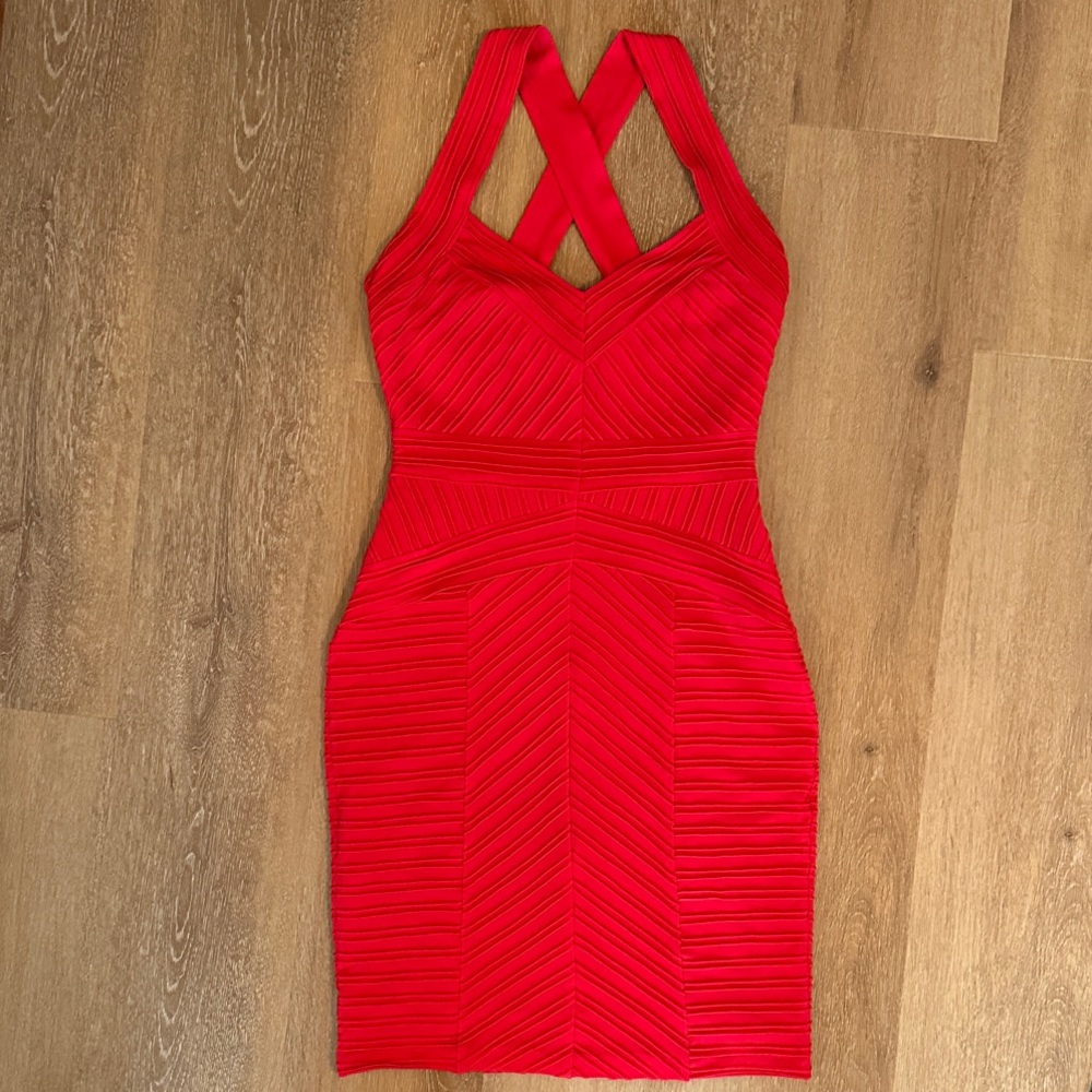 Calvin Klein Red Mini Dress with cross-back straps and bandage detail, Size 4